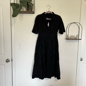 Maeve Anthropologie Black Open Back Short Sleeve Eyelet Midi Length Dress 12